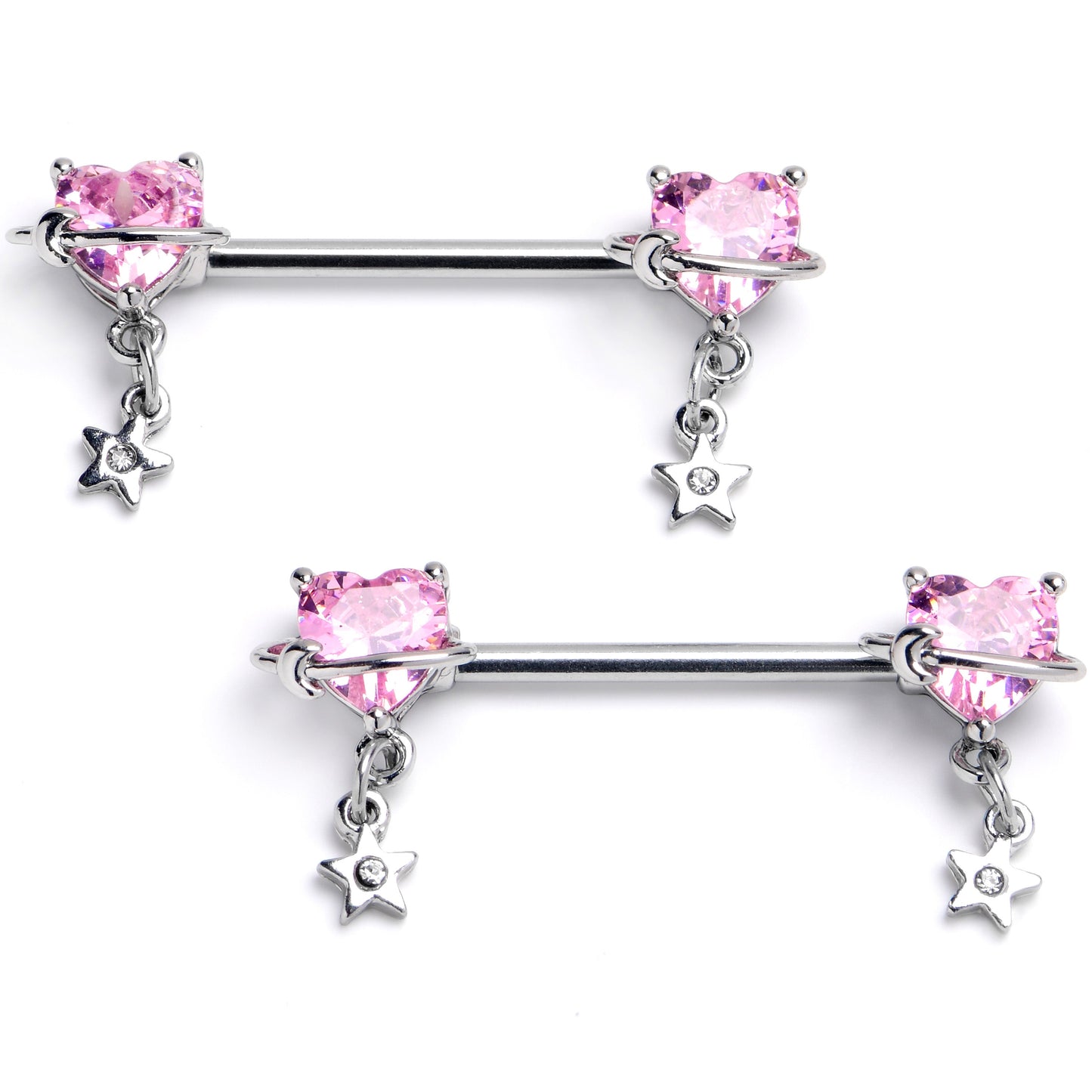 14G 9/16 Pink CZ Heart Starry Saturn Dangle Nipple Ring Set