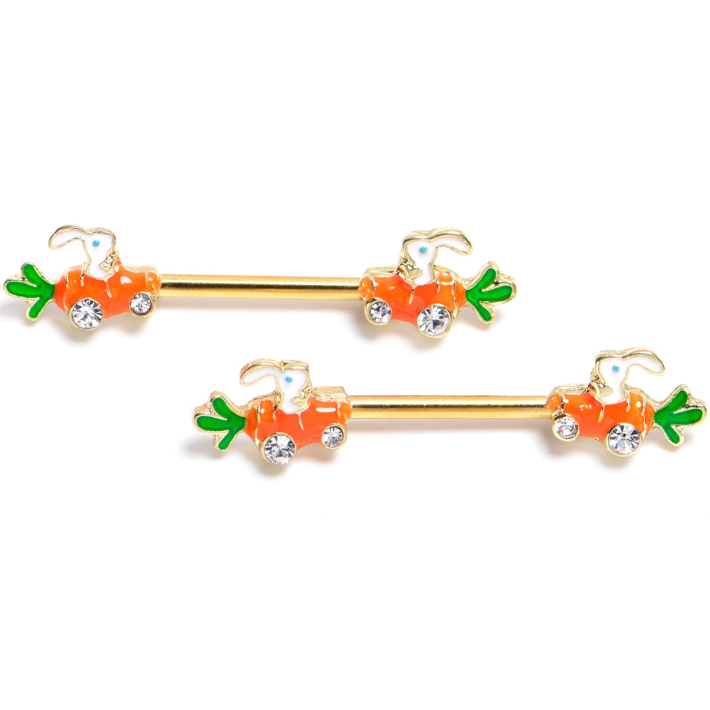 14G 9/16 Clear Gem Gold Tone Rabbit Carrot Car Nipple Ring Set