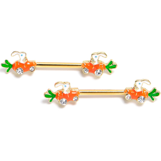 14G 9/16 Clear Gem Gold Tone Rabbit Carrot Car Nipple Ring Set
