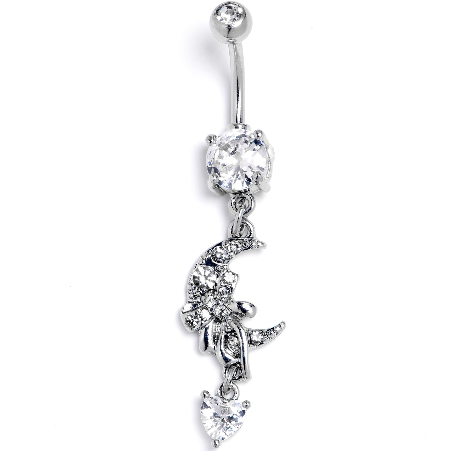 Clear CZ Gem Moon Bow Heart Dangle Belly Ring