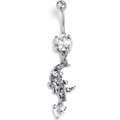 Clear CZ Gem Moon Bow Heart Dangle Belly Ring