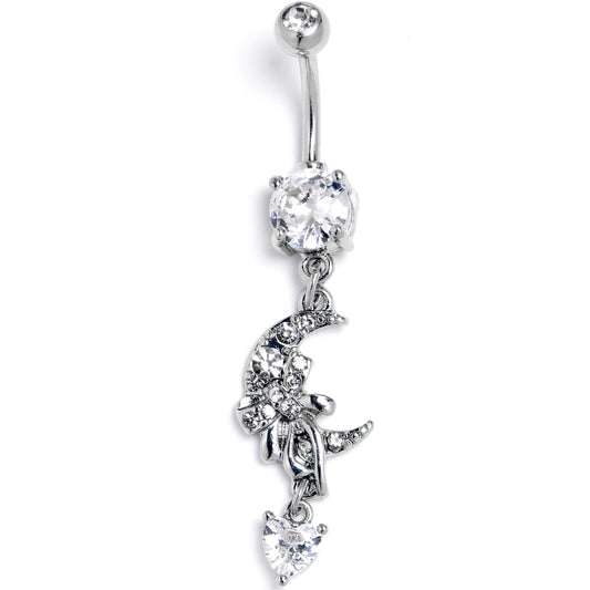 Clear CZ Gem Moon Bow Heart Dangle Belly Ring