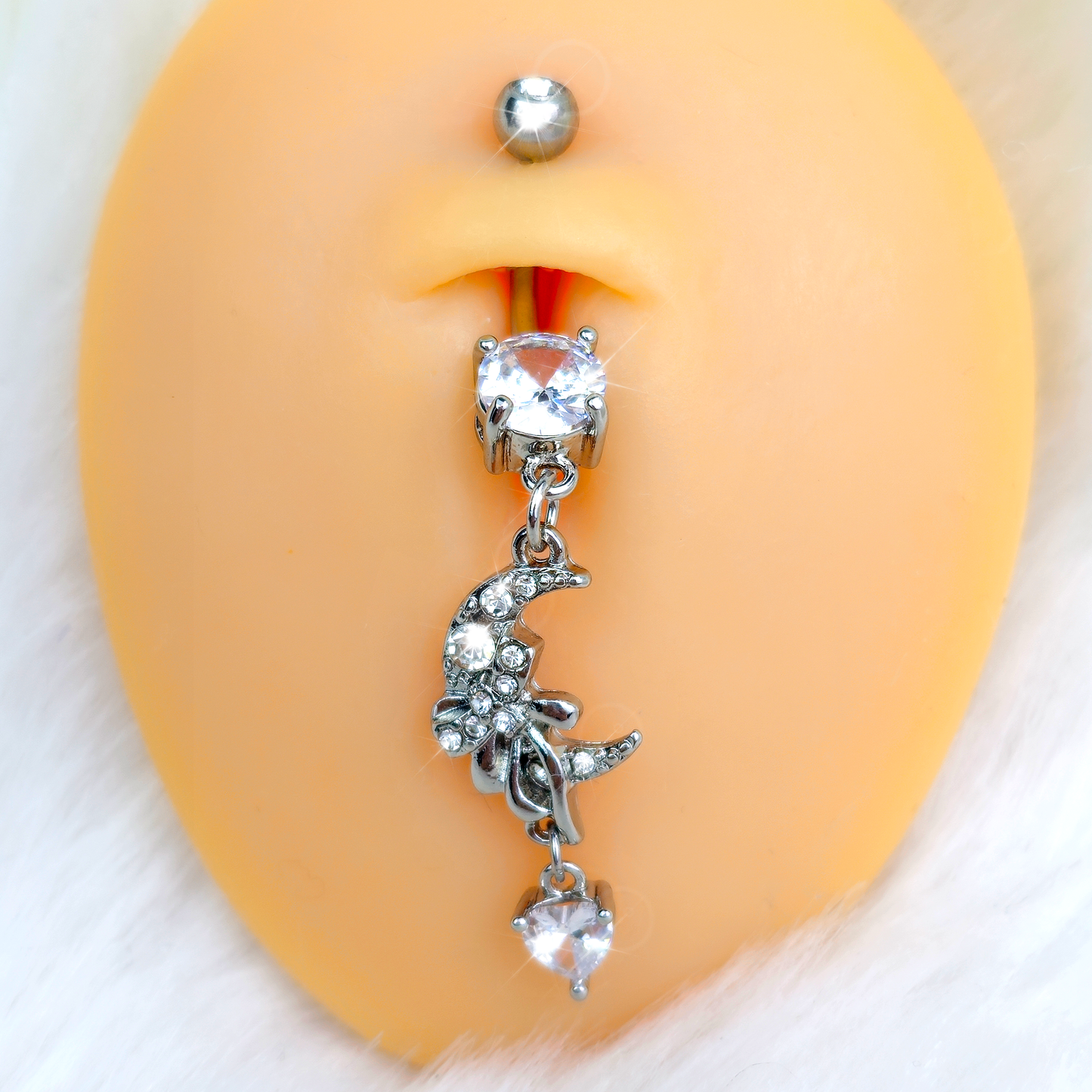 Clear CZ Gem Moon Bow Heart Dangle Belly Ring