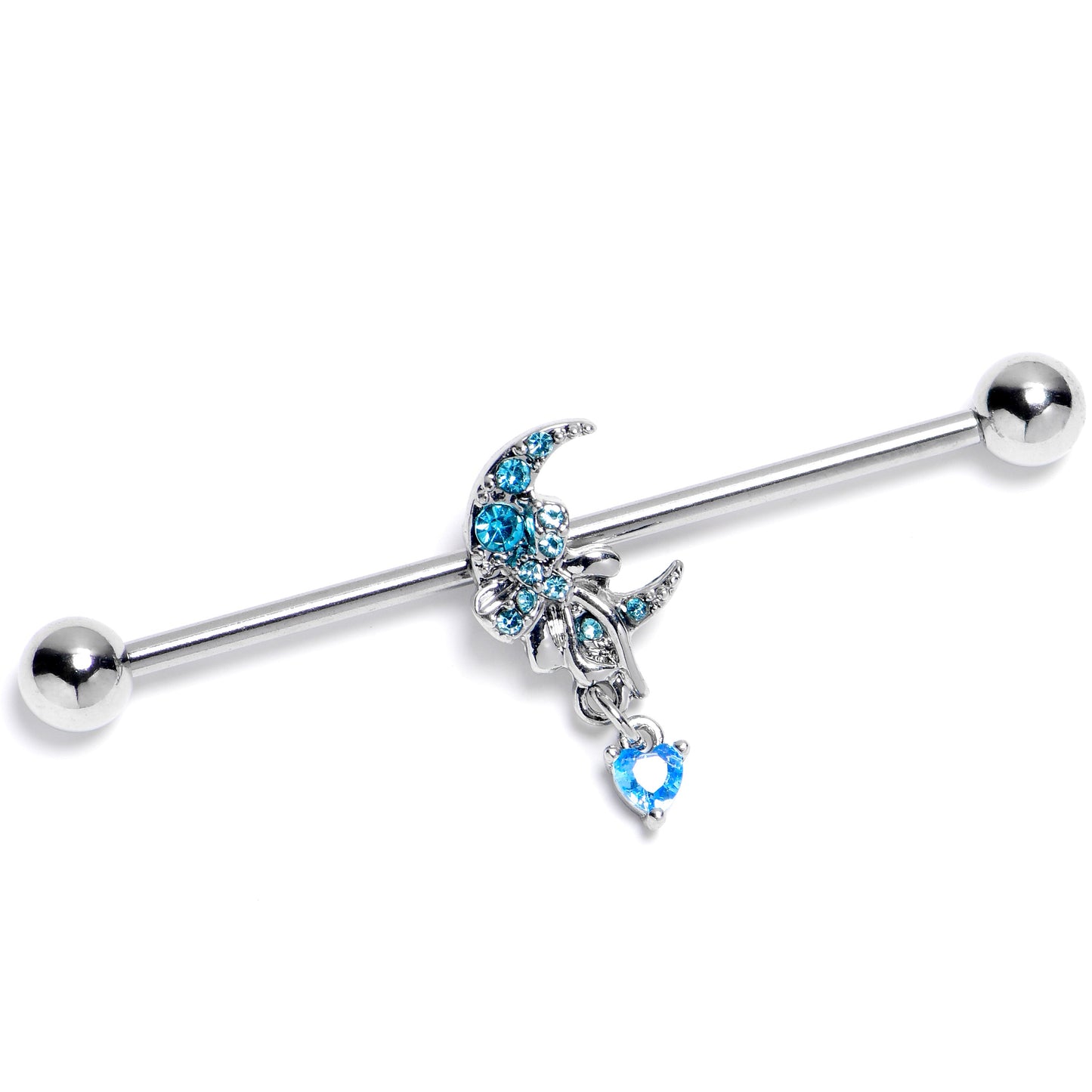 14G Blue CZ Gem Moon Bow Heart Dangle Industrial Barbell 38mm