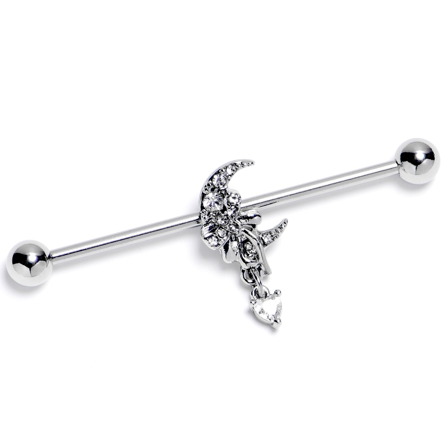 14G Clear CZ Gem Moon Bow Heart Dangle Industrial Barbell 38mm