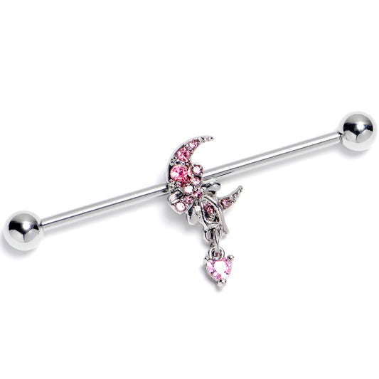 14G Pink CZ Gem Moon Bow Heart Dangle Industrial Barbell 38mm