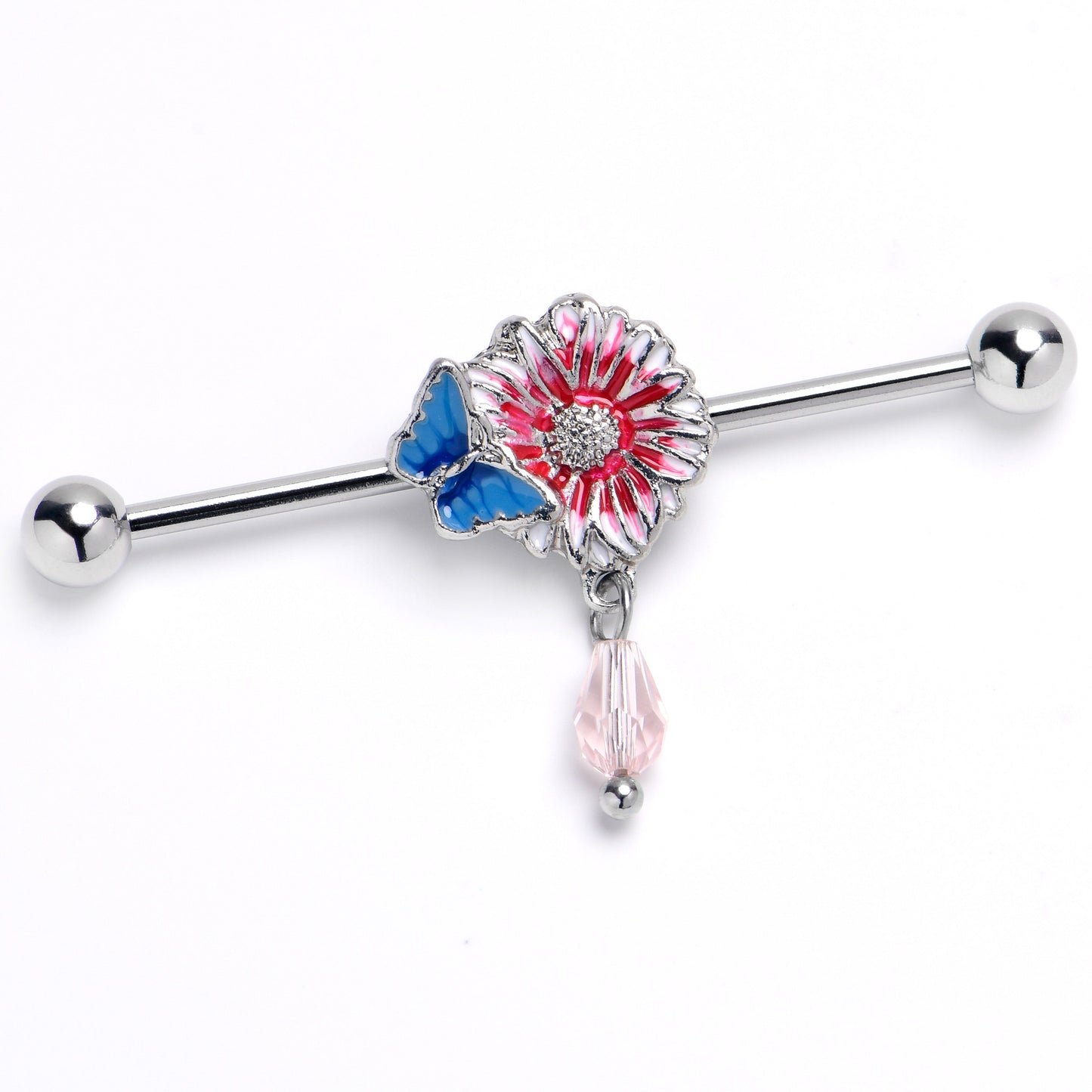 14G Pink Gem Passion Flower Butterfly Dangle Industrial Barbell 38mm