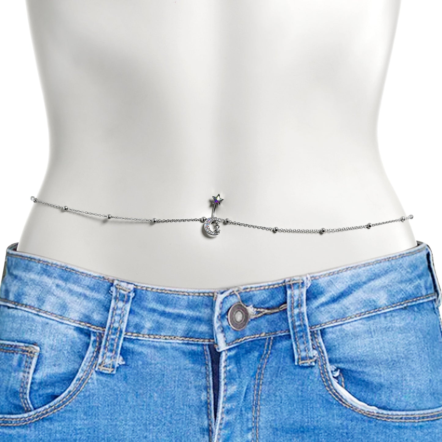 Aurora Purple Gem Moon Star Double Mount Belly Ring Belly Chain