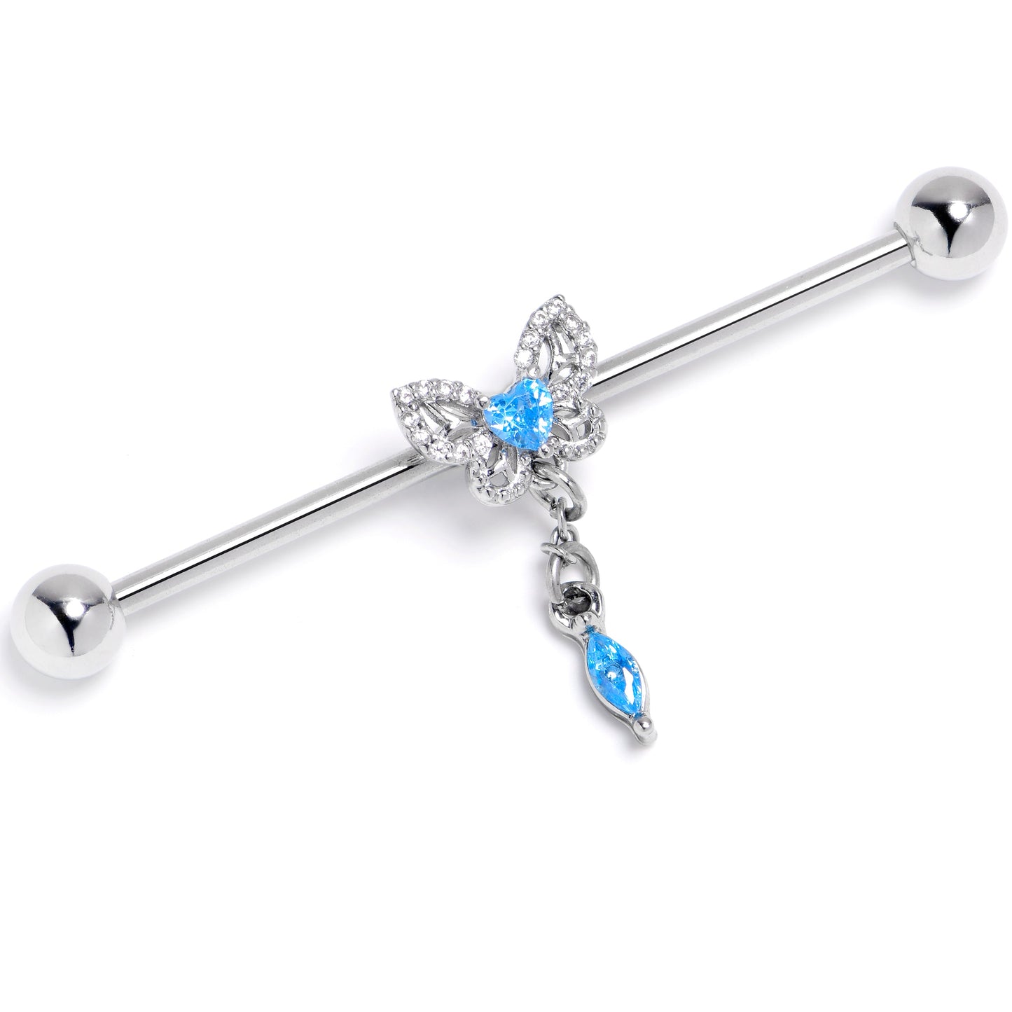 14G Blue Gem Butterfly Delight Dangle Industrial Barbell 38mm