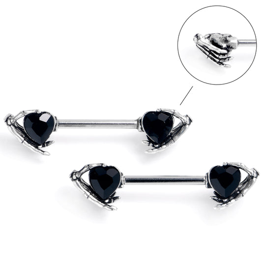 14G 9/16 Black CZ Gem Heart Skeleton Hands Barbell Nipple Ring Set