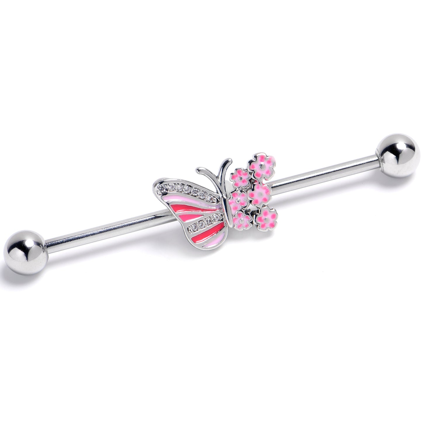 14G Clear Gem Flowery Butterfly Pink Industrial Barbell 38mm