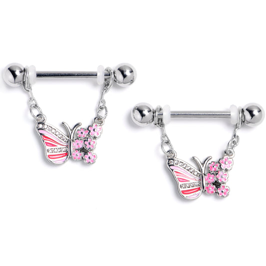 14G 9/16 Clear Gem Flowery Butterfly Pink Dangle Nipple Ring Set
