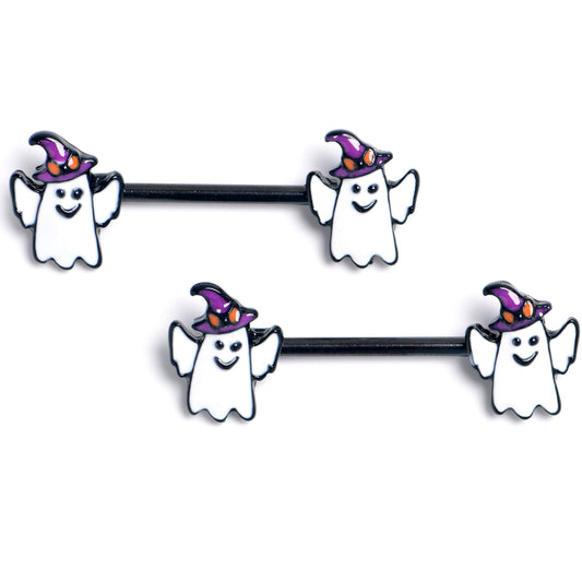 14G 9/16 Black Witch Hat Ghost Halloween Barbell Nipple Ring Set