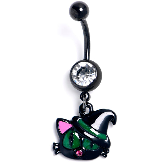 Clear Pink Gem Black Halloween Hat Cat Dangle Belly Ring
