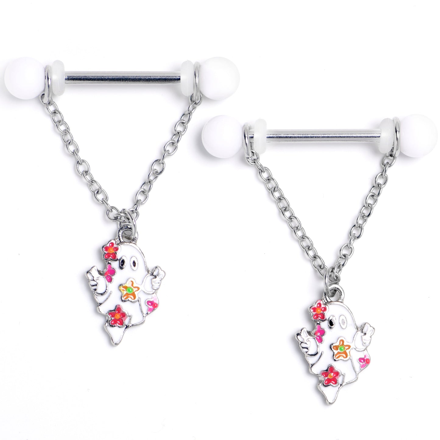 14G 9/16 Halloween Floral Ghost Chain Dangle Nipple Ring Set
