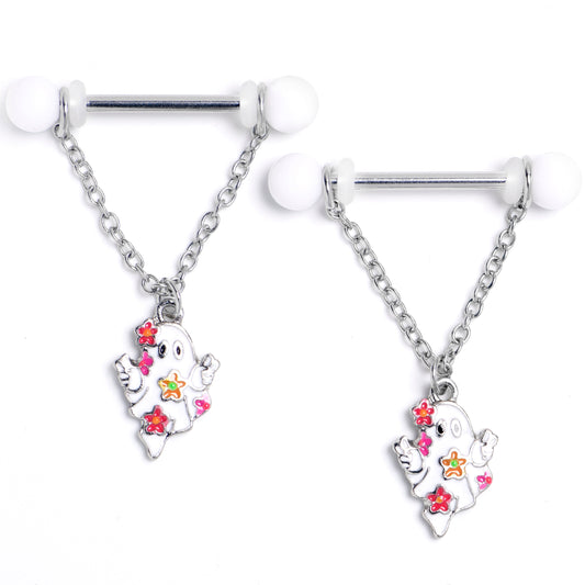 14G 9/16 Halloween Floral Ghost Chain Dangle Nipple Ring Set