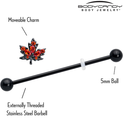 14G Orange CZ Gem Black Autumn Leaf Industrial Barbell 38mm