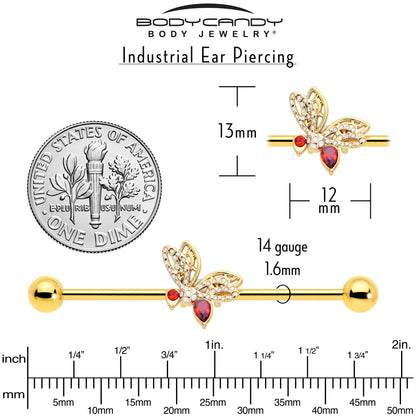 14G Red CZ Gem Gold Tone Drama Butterfly Industrial Barbell 38mm