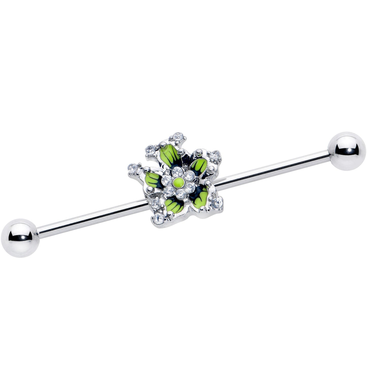 14G Clear CZ Gem Go Green Flower Industrial Barbell 38mm