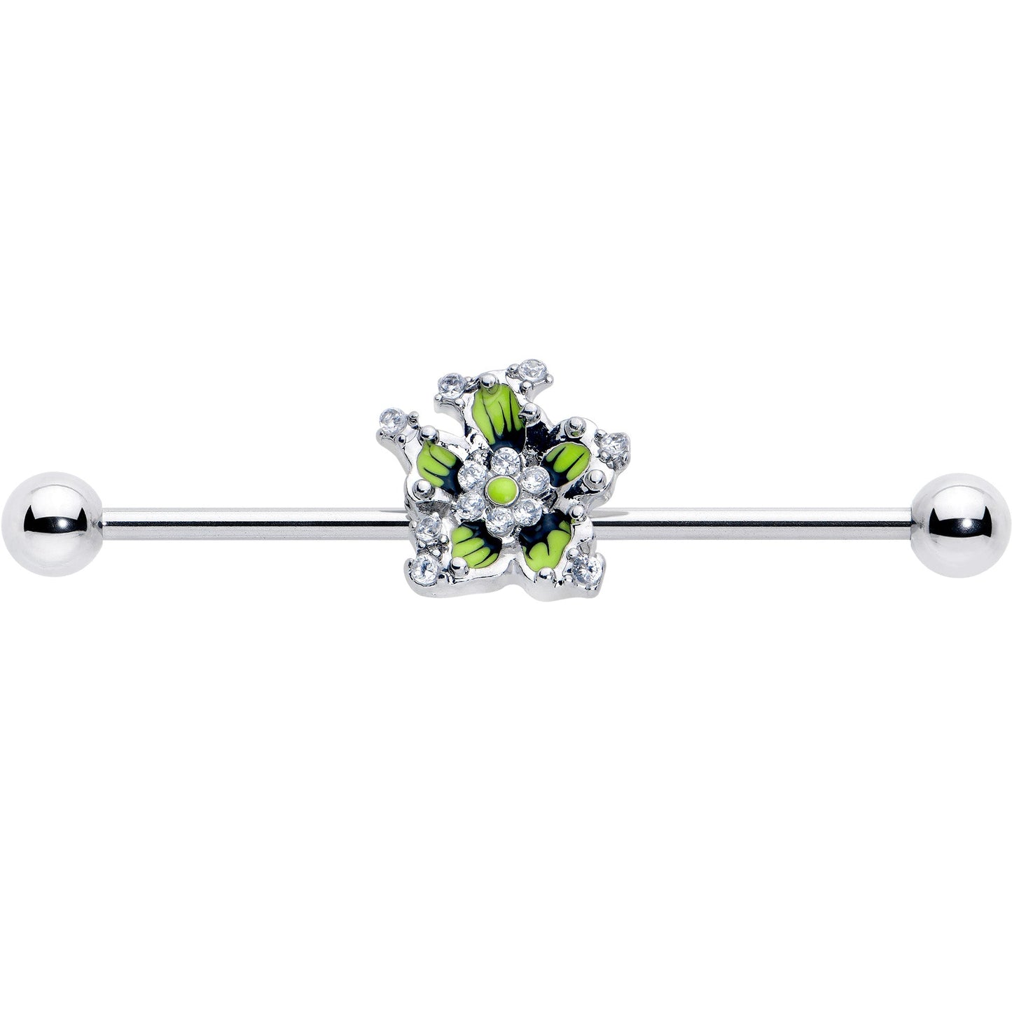 14G Clear CZ Gem Go Green Flower Industrial Barbell 38mm