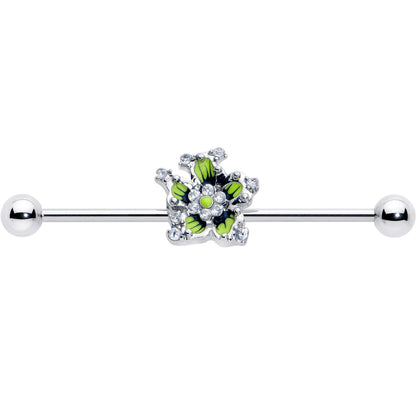 14G Clear CZ Gem Go Green Flower Industrial Barbell 38mm