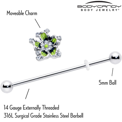 14G Clear CZ Gem Go Green Flower Industrial Barbell 38mm