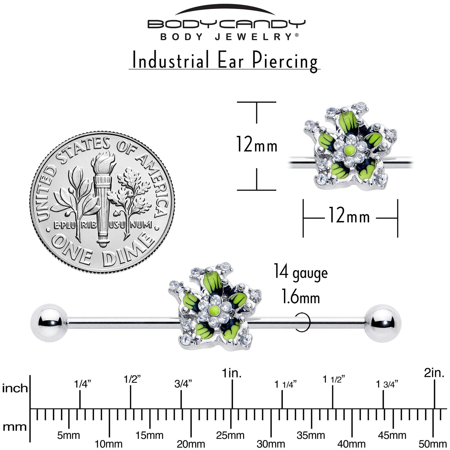 14G Clear CZ Gem Go Green Flower Industrial Barbell 38mm
