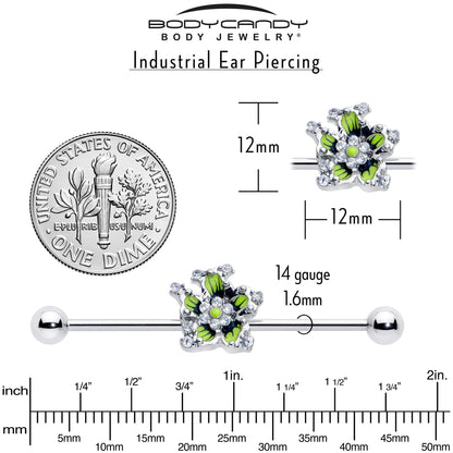 14G Clear CZ Gem Go Green Flower Industrial Barbell 38mm