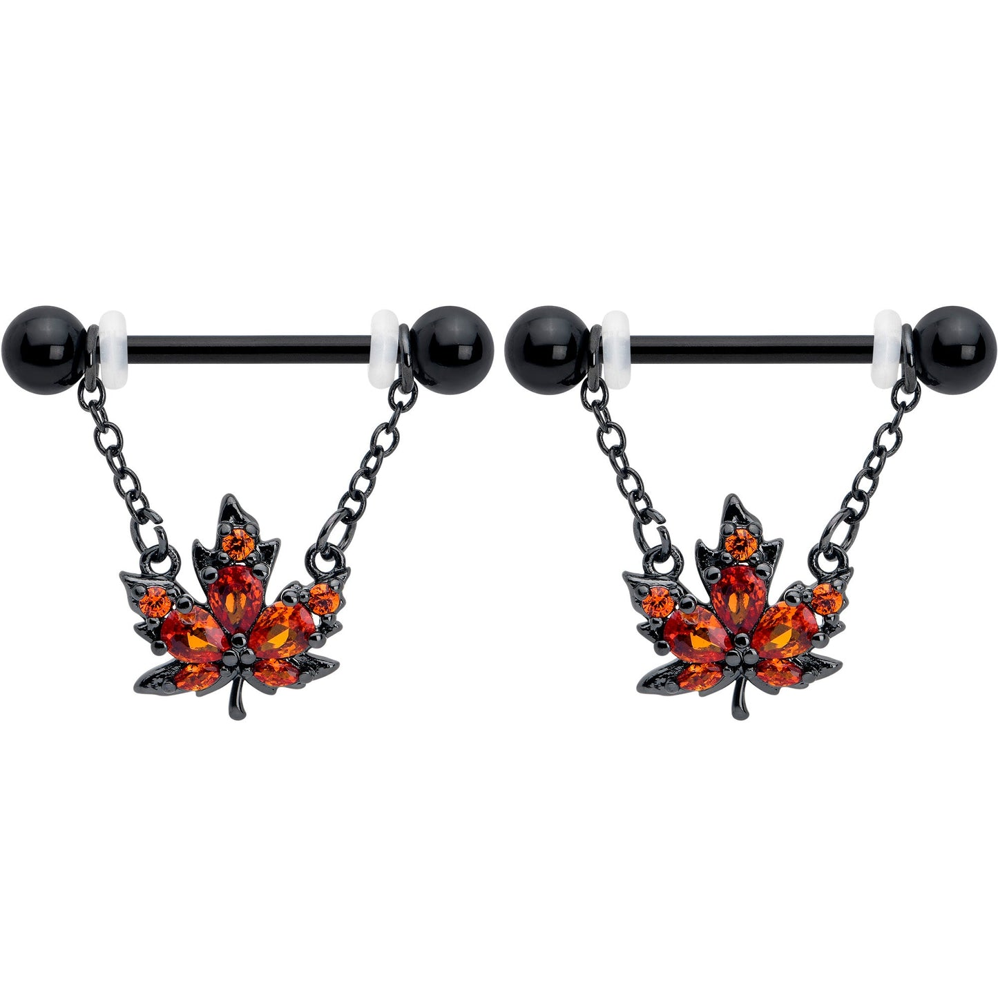 14G 9/16 Orange CZ Gem Black Autumn Leaf Dangle Nipple Ring Set