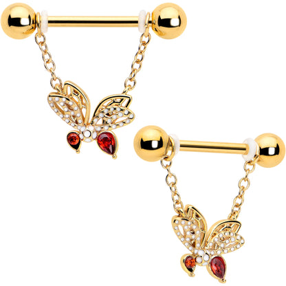 14G 9/16 Red CZ Gem Gold Tone Drama Butterfly Dangle Nipple Ring Set