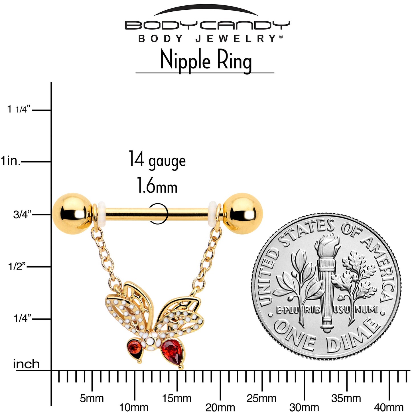 14G 9/16 Red CZ Gem Gold Tone Drama Butterfly Dangle Nipple Ring Set