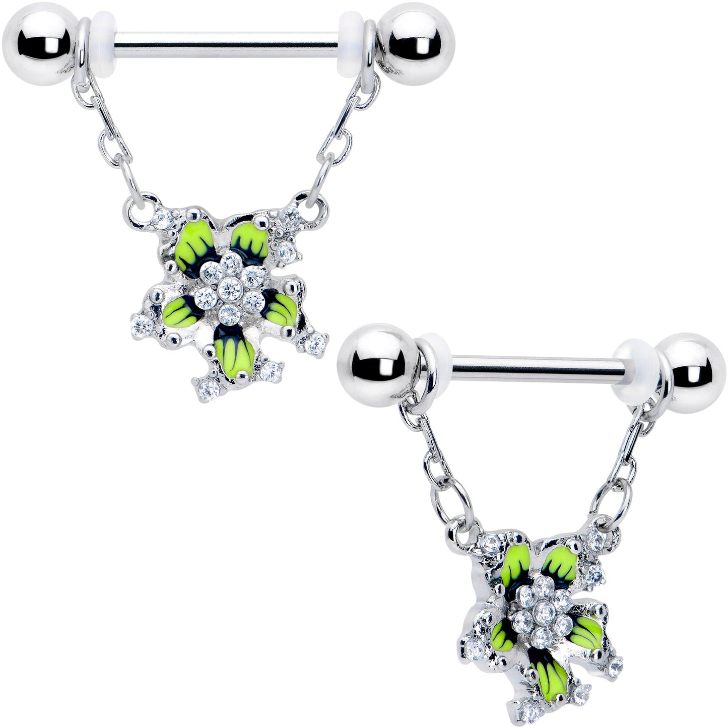 14G 9/16 Clear CZ Gem Go Green Flower Chain Dangle Nipple Ring Set