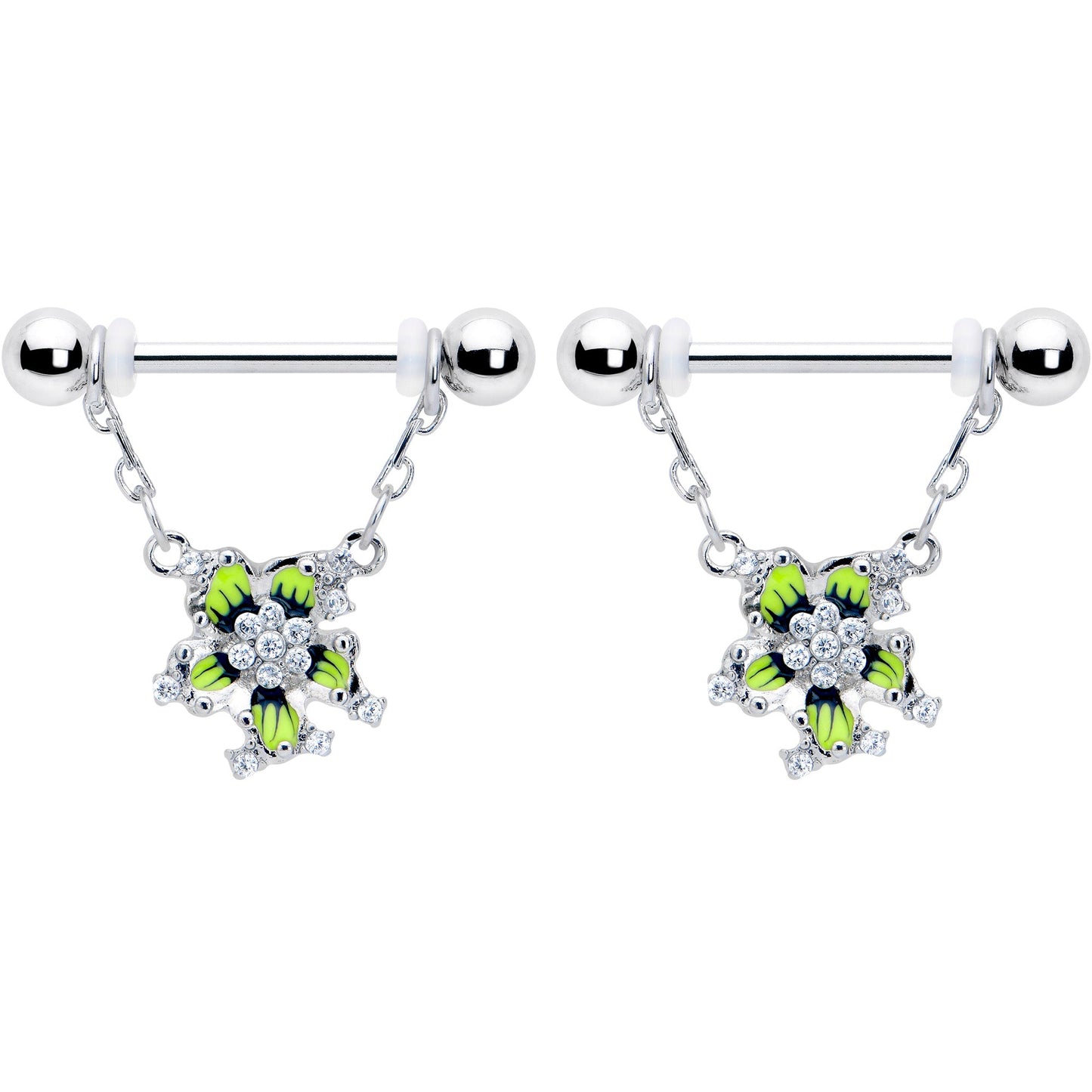 14G 9/16 Clear CZ Gem Go Green Flower Chain Dangle Nipple Ring Set