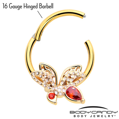 16G 3/8 Red CZ Gem Gold Tone Drama Butterfly Hinged Segment Ring