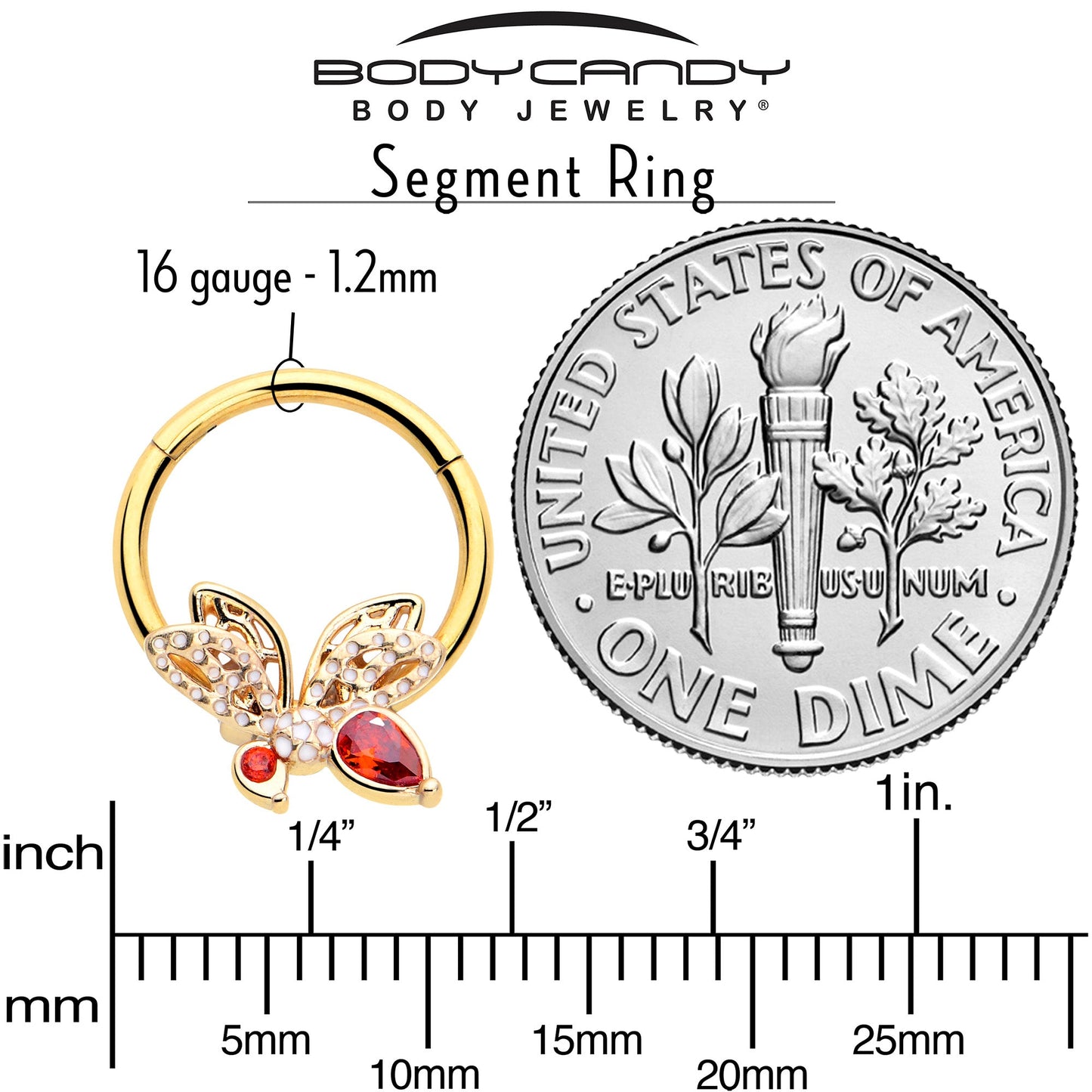 16G 3/8 Red CZ Gem Gold Tone Drama Butterfly Hinged Segment Ring