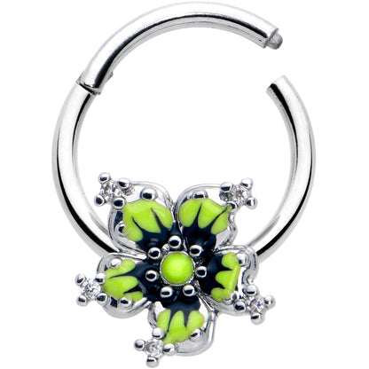 16G 3/8 Clear CZ Gem Go Green Flower Hinged Segment Ring