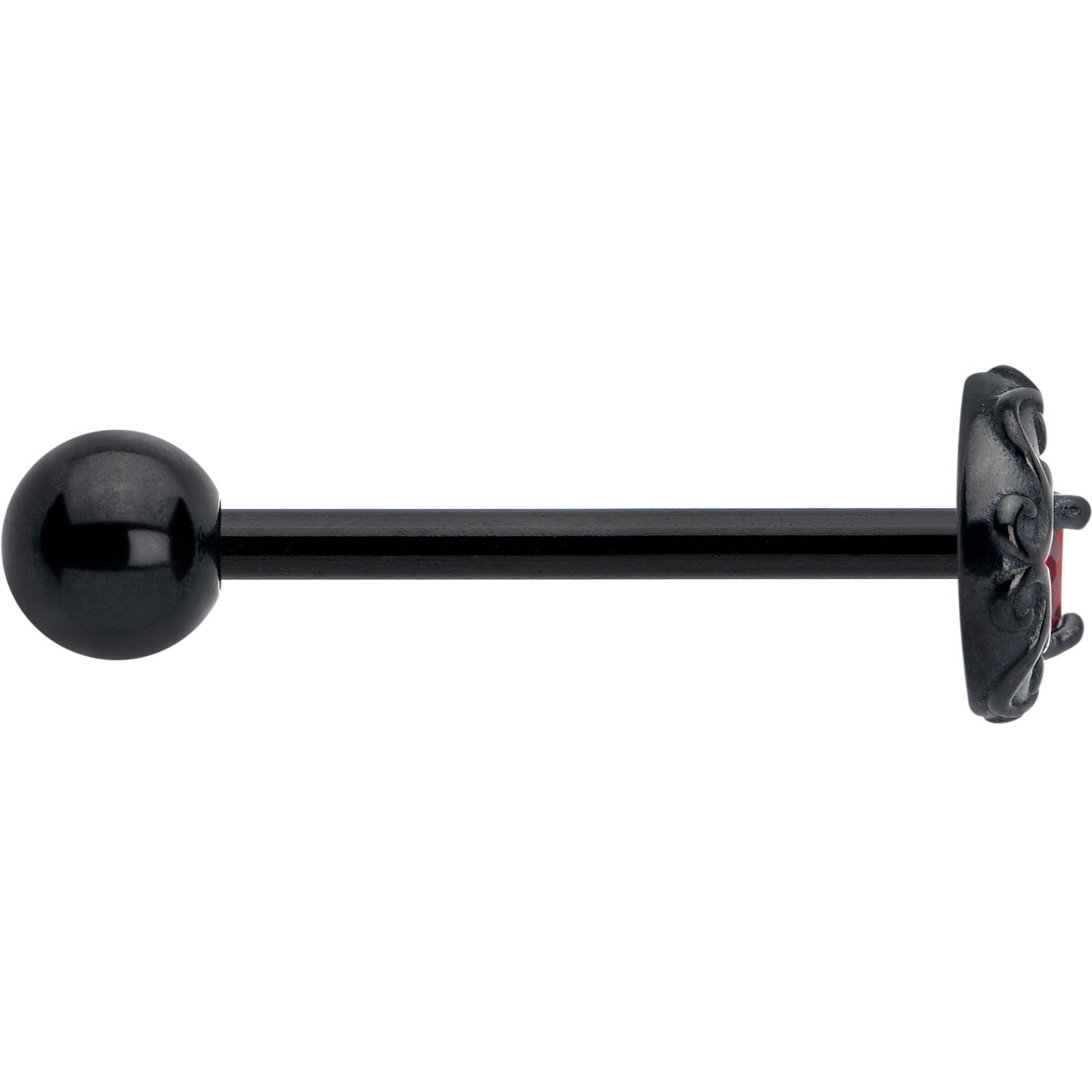 Red CZ Gem Black Scroll Moon Heart Barbell Tongue Ring