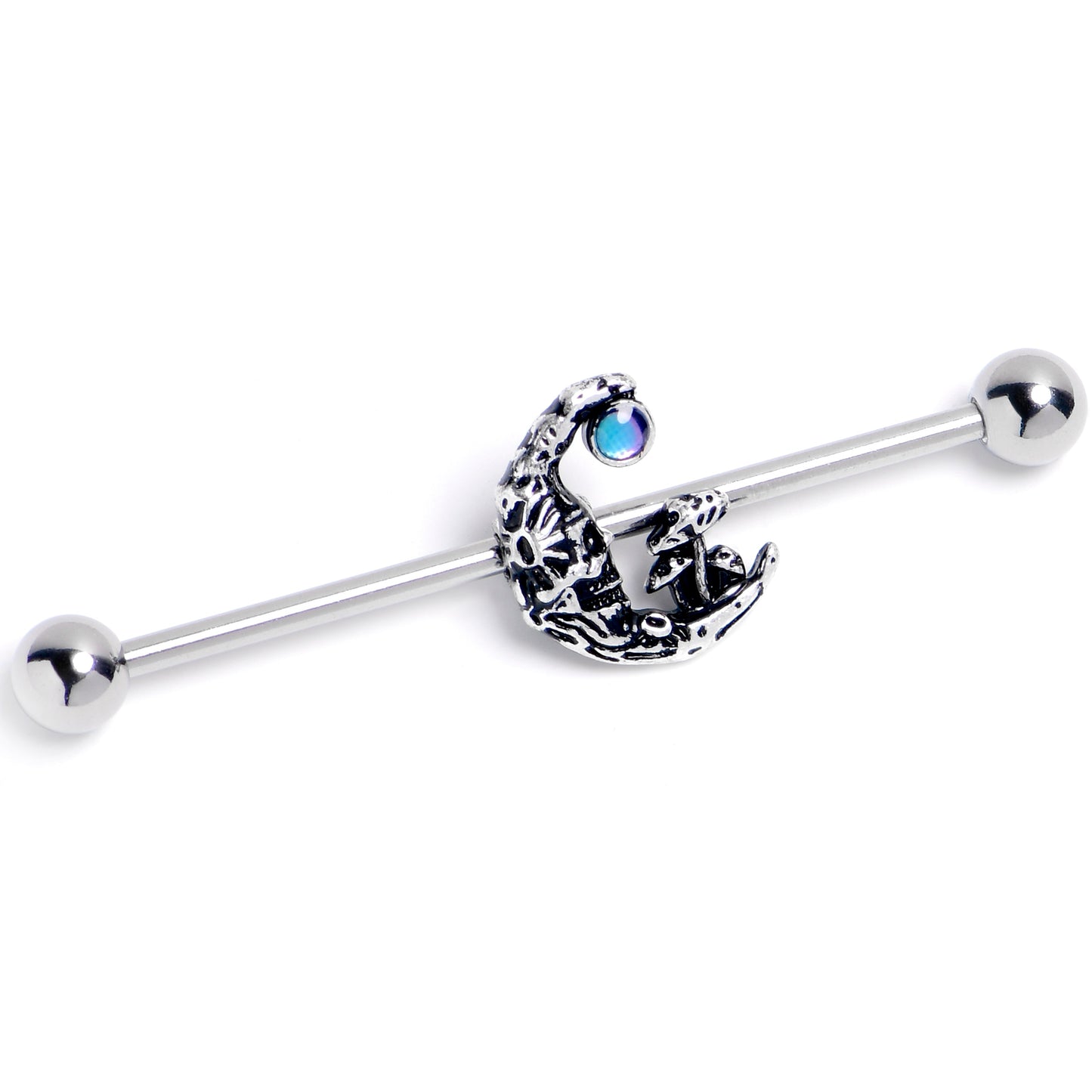 14G Mushrooms on the Moon Blue Industrial Barbell 38mm