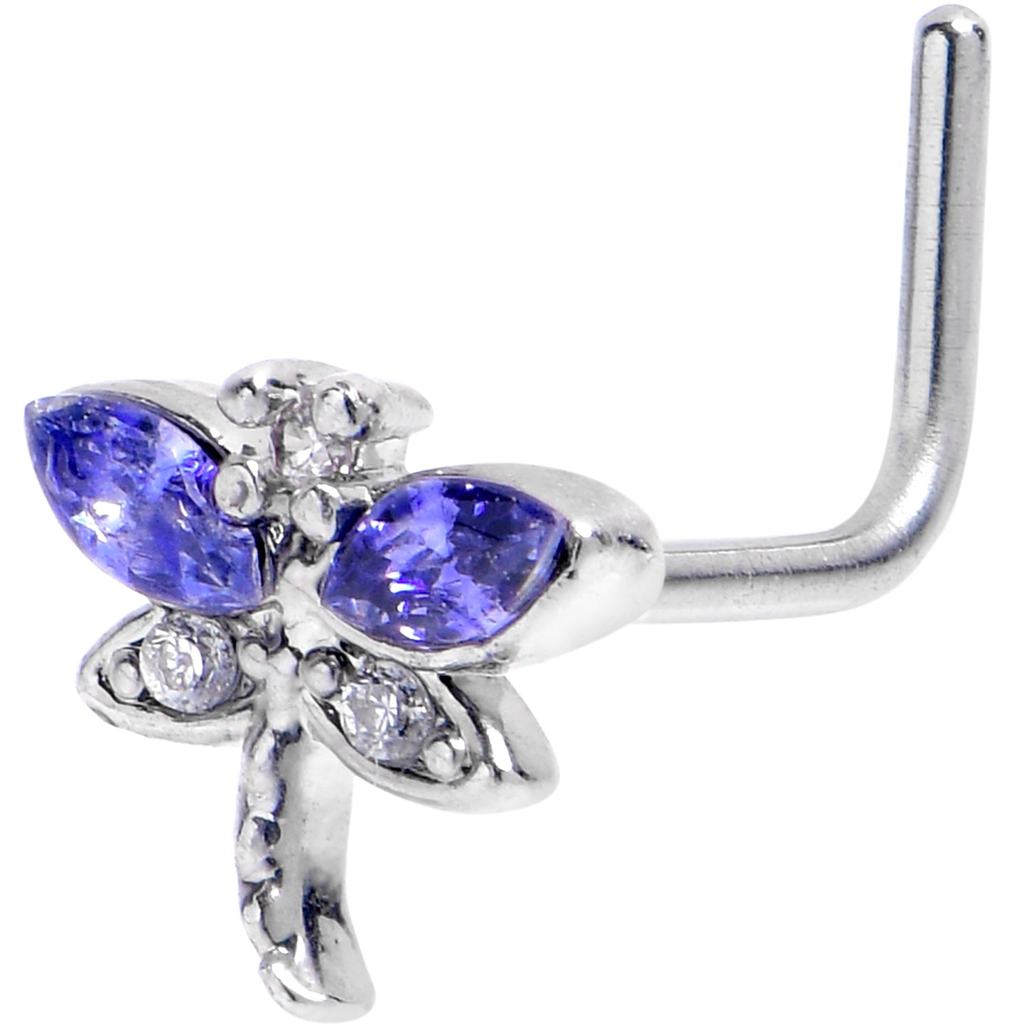 20G 7mm Clear Purple Gem Style Dragonfly L Shape Nose Ring