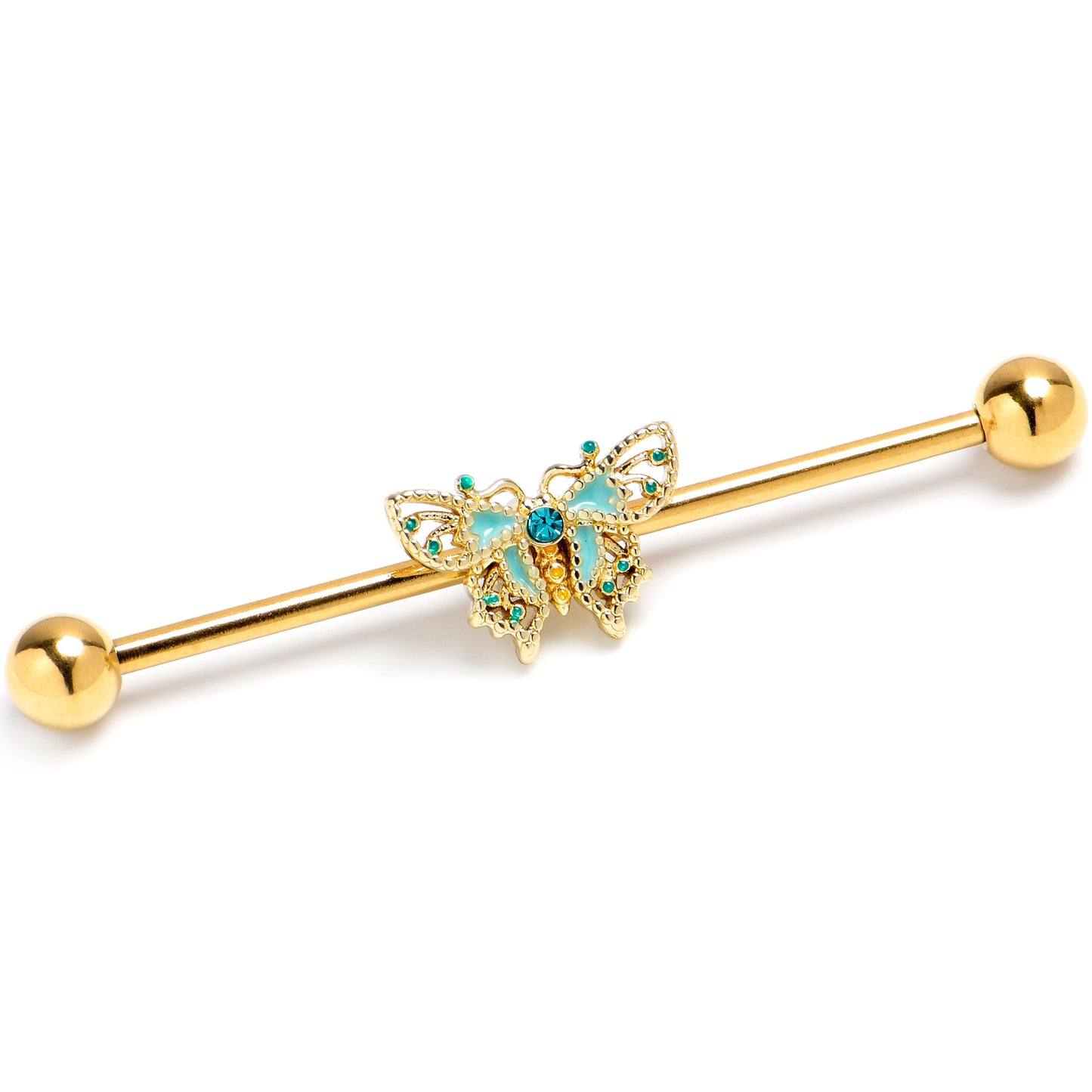 14G Blue Gem Gold Tone Rococo Butterfly Industrial Barbell 38mm