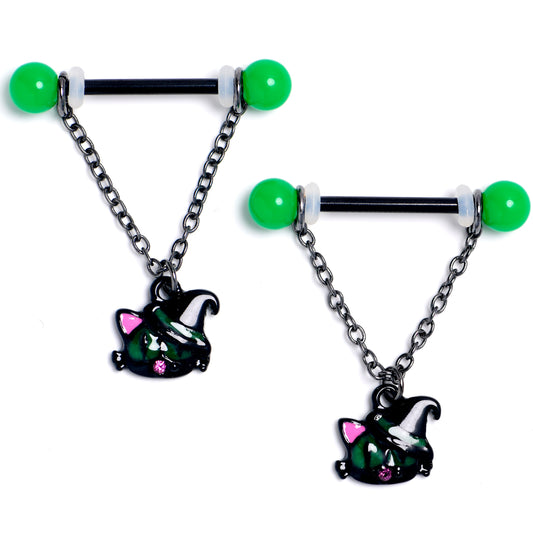 14G 9/16 Pink Gem Black Halloween Hat Cat Dangle Nipple Ring Set
