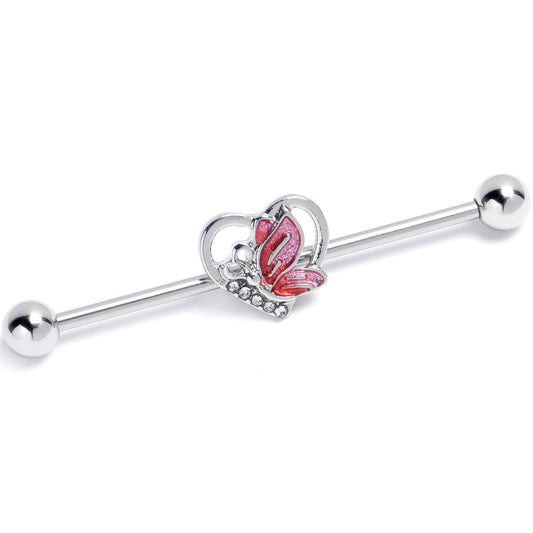14G Clear Gem Butterfly Love Heart Industrial Barbell 38mm