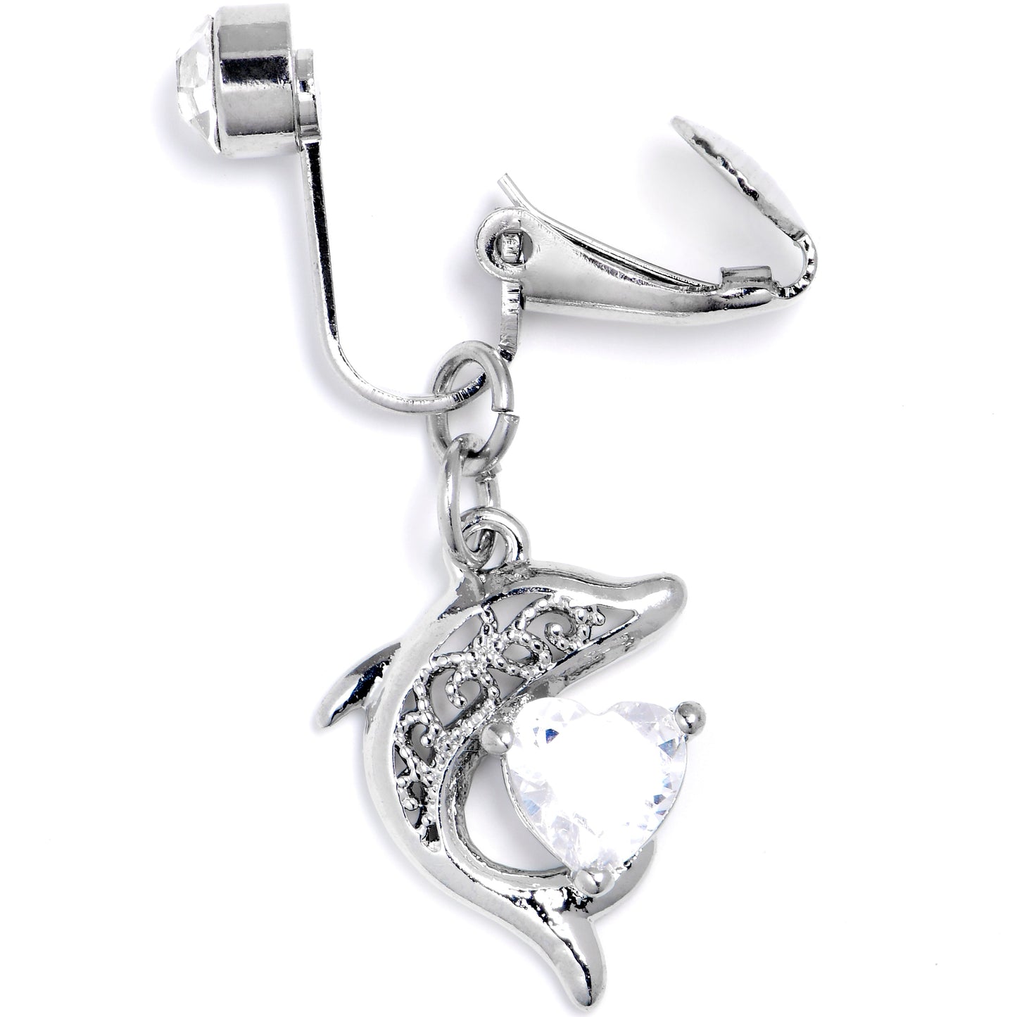 Clear CZ Gem Dolphin Glam Dangle Clip on Fake Belly Ring