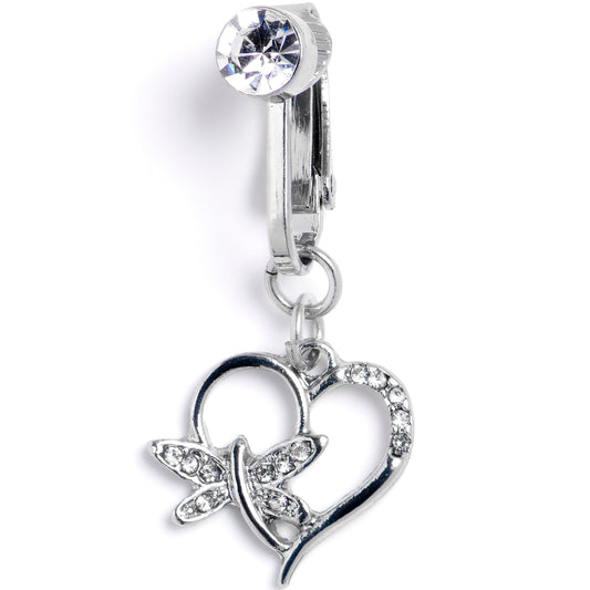 Clear CZ Gem Heart Dragonfly Love Dangle Clip on Fake Belly Ring