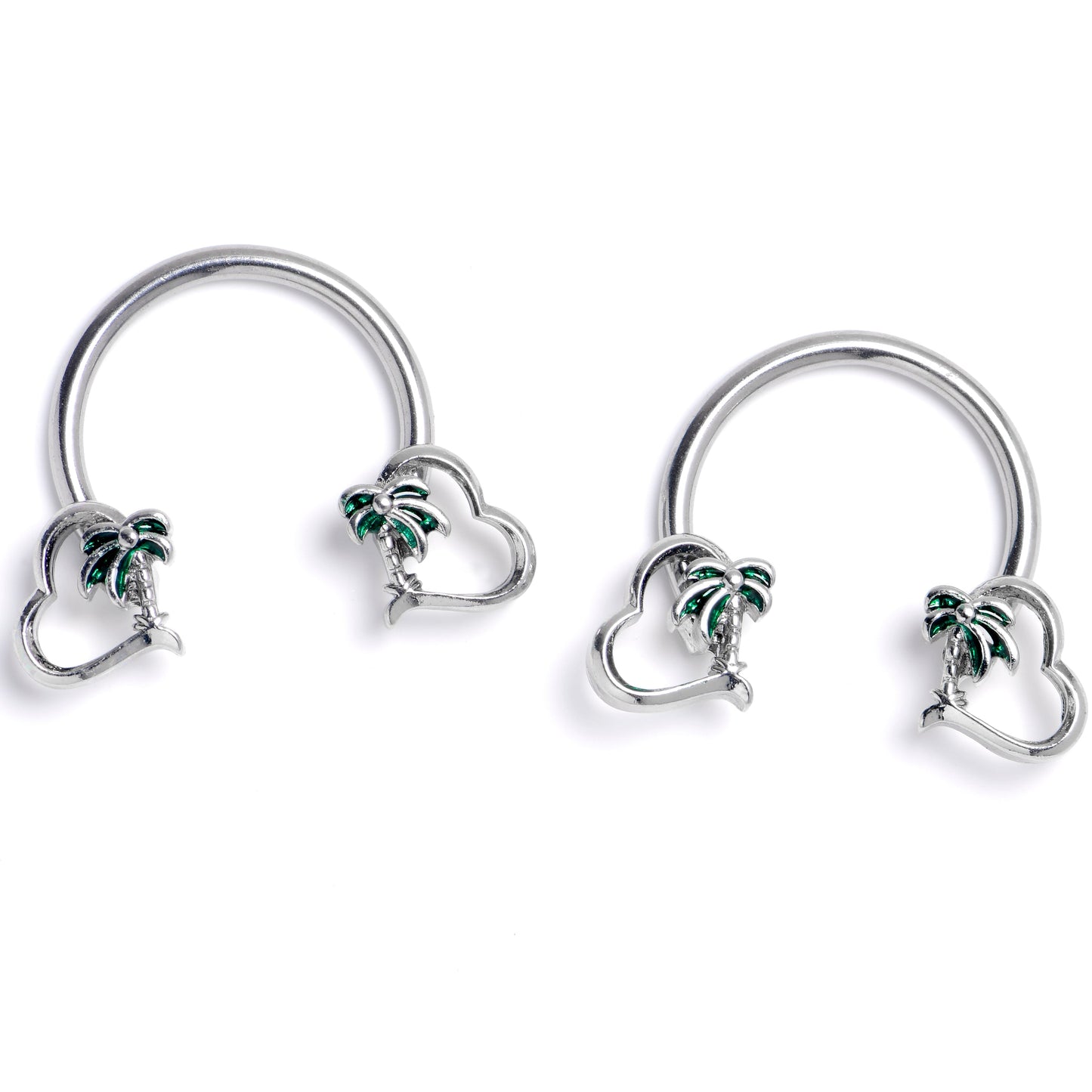 14G 9/16 Palm Tree Love Horseshoe Nipple Ring Set