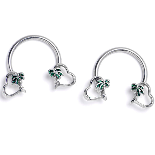 14G 9/16 Palm Tree Love Horseshoe Nipple Ring Set
