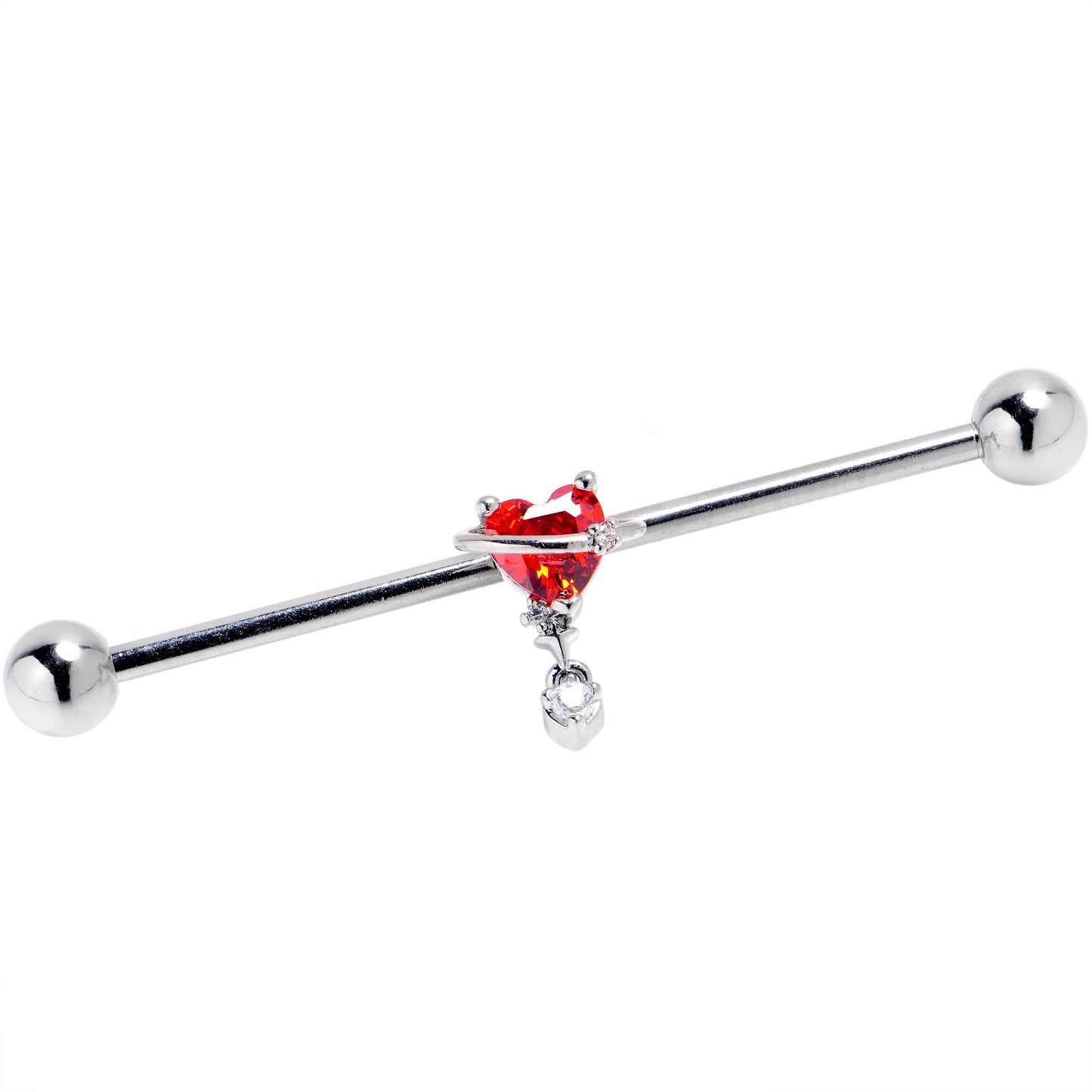 14G Red Clear Gem Saturn Heart Dangle Industrial Barbell 38mm