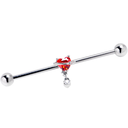14G Red Clear Gem Saturn Heart Dangle Industrial Barbell 38mm