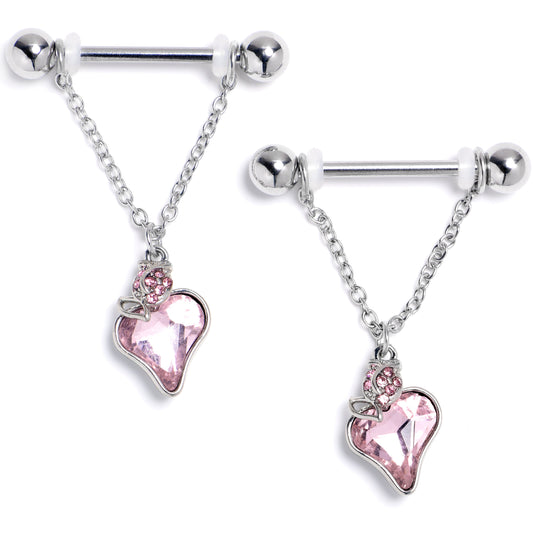 14G 9/16 Pink Gem Strawberry Love Chain Dangle Nipple Ring Set