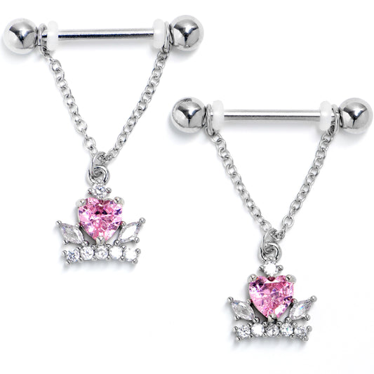14G 9/116 Clear Pink Gem Crown Heart Chain Dangle Nipple Ring Set